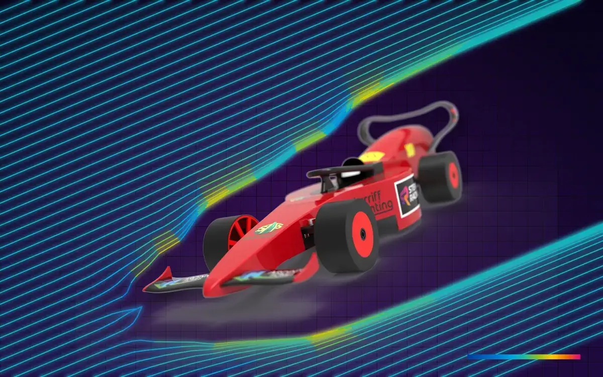 CFD-style airflow streamlines flowing around a STEM Racing car, coloured by air speed