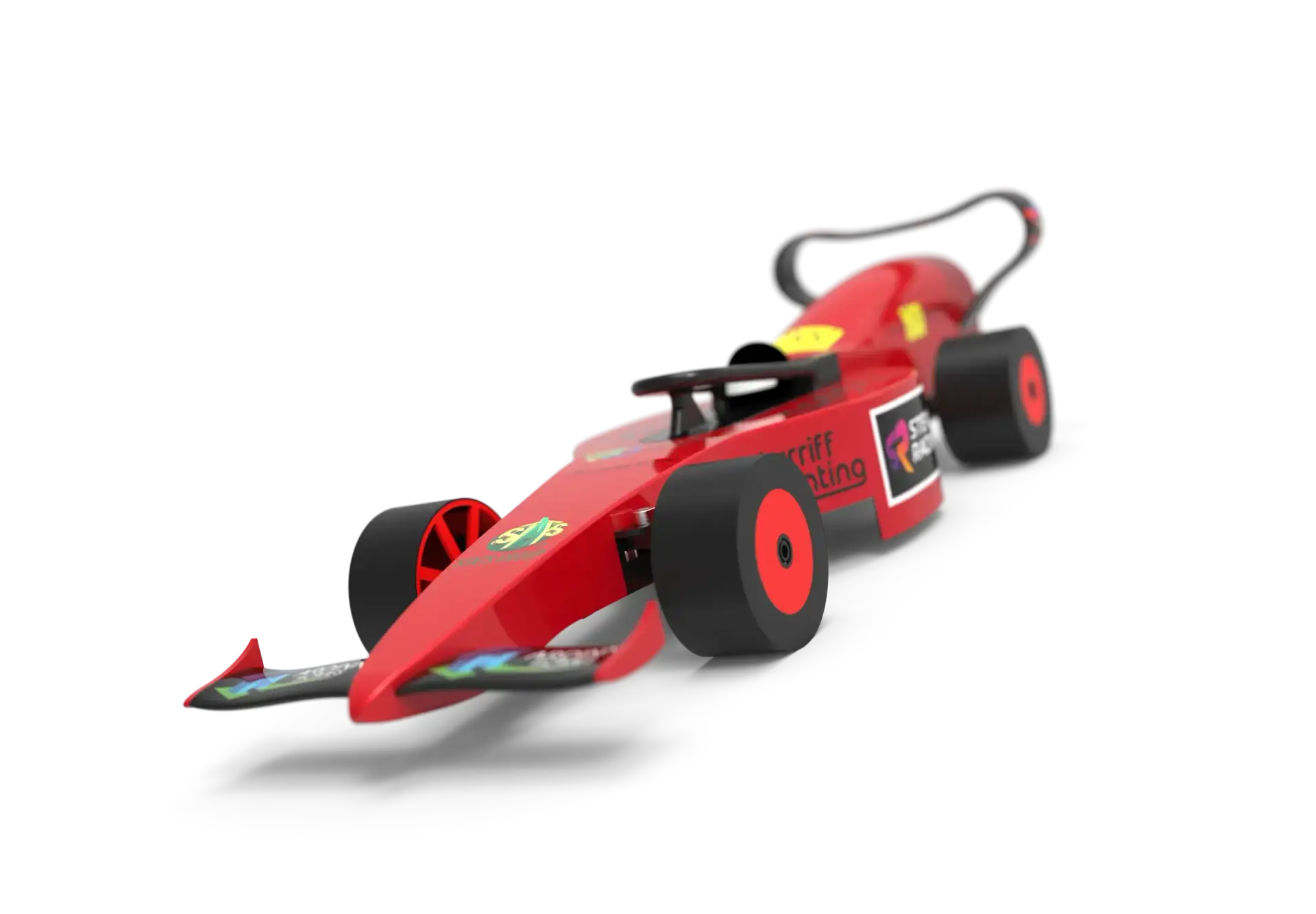 Red STEM Racing car CAD render on a dark background