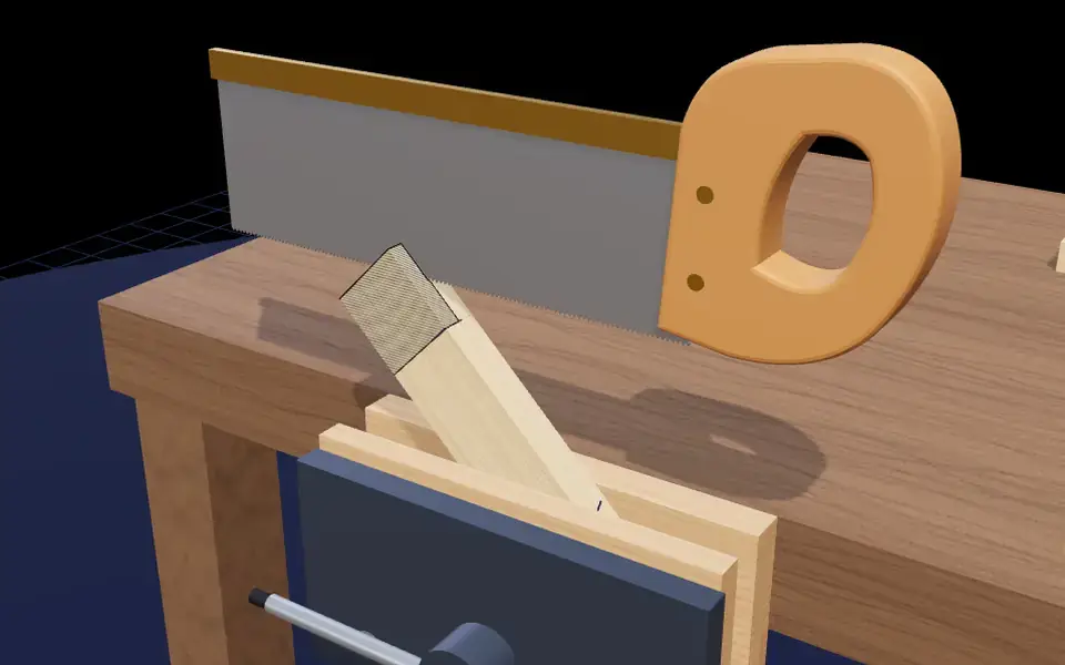 3D view from DesignClass Virtual Woodwork: a tenon saw cutting a halving joint held at an angle in a bench vice